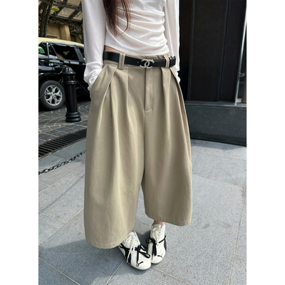 Here yaya shop 3.23 栗子微微甜重工麻水洗时髦甜裤工装八分裤