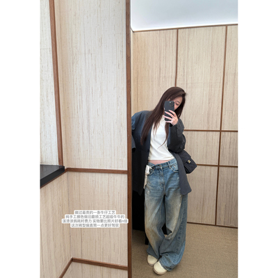 脏脏牛牛痞帅复古做旧手工擦色dirtyfit风格直筒时髦高品牛仔裤