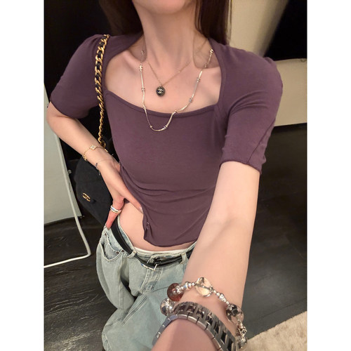 【清仓】Here yaya shop 4.8 半熟芝士温柔微妙直角肩修身型t恤女