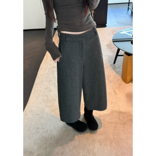 Here yaya shop bi入升级wan能时髦挺括显腿直20%羊毛呢料八分裤