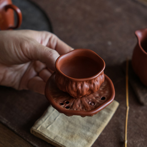 手工制作高级感紫砂红泥仿生茶具