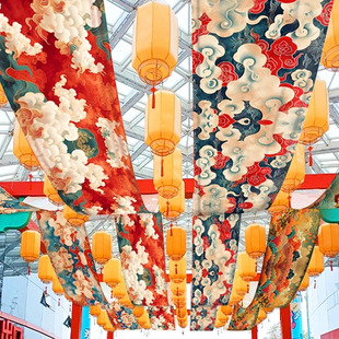 中国风吊顶天幕挂布国潮祥云纹样长条吊幔古风氛围感天幕布置定制
