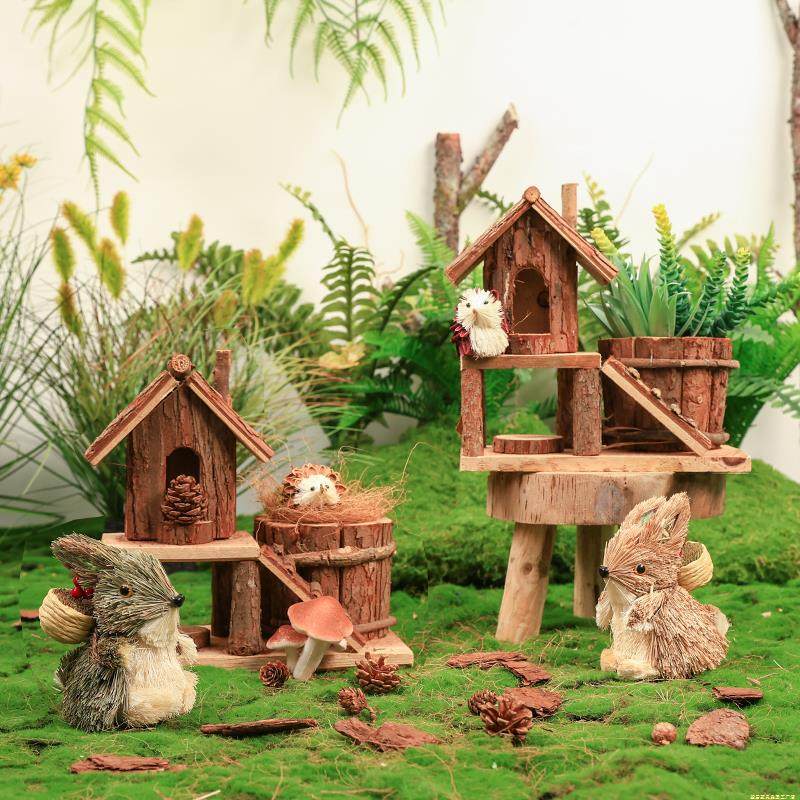 木质房子幼儿园自然角微景观摆件草编兔子森系花园庭院户外摆设
