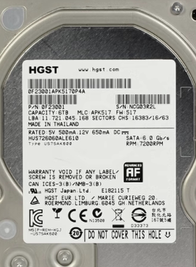 日立6Tsata台式机硬盘6tb HUS726060ALE610企业级7200转监控存储