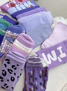 纯色高腰网红超火紫色袜子女中筒袜外穿潮ins简约风蕾丝可爱百搭