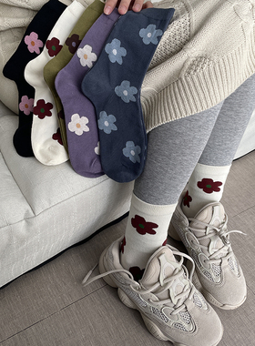 黑色蓝色白色小花朵袜子女ins潮网红款配皮鞋中筒袜撞色韩版日系