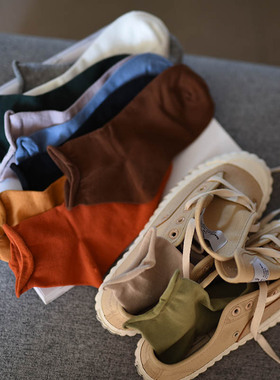 纯色棉松口短筒卷边矮腰袜子女中短袜潮ins薄款日系韩版百搭黑色