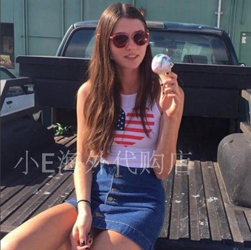 现货美国American apparel AA泫雅印花露脐无袖短款背心T恤