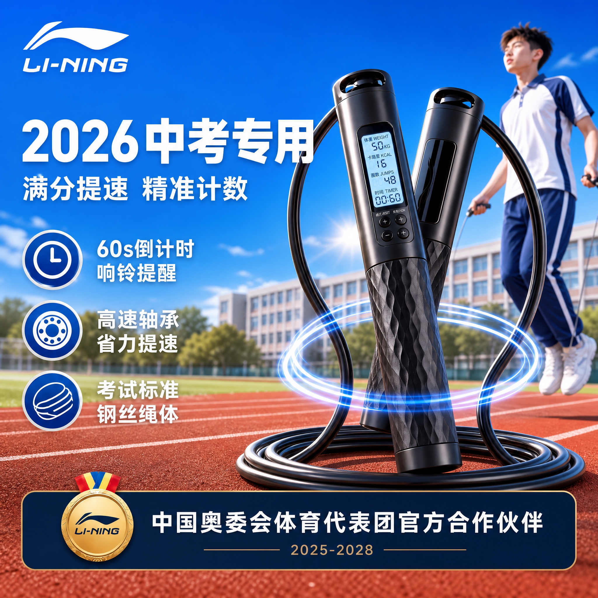 李宁2026中考专用跳绳计时计数款