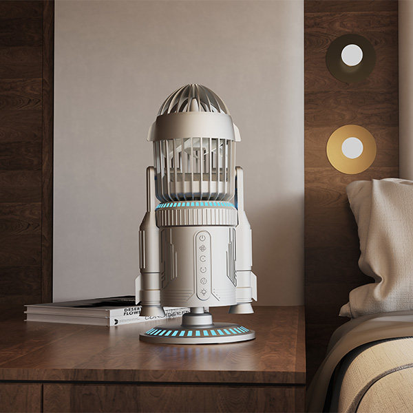 火箭创意风扇办公室桌面静音usb充电摇头强风炫彩喷雾多功能风扇