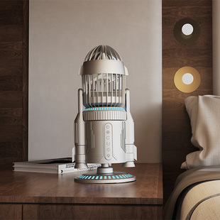 火箭创意风扇办公室桌面静音usb充电摇头强风炫彩喷雾多功能风扇