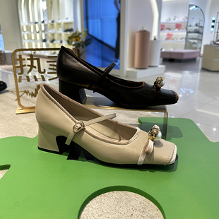 MIO米奥女鞋2024秋季新款方头浅口单鞋方跟真皮百搭M244465908