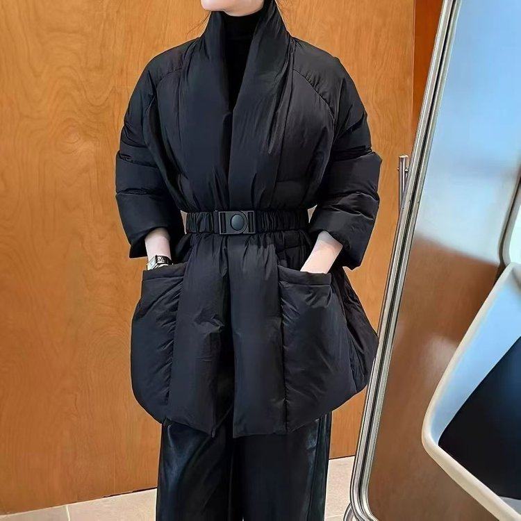 羽绒服长袖中长款白鸭绒保暖宽松中古风女士收腰2025年冬季外套