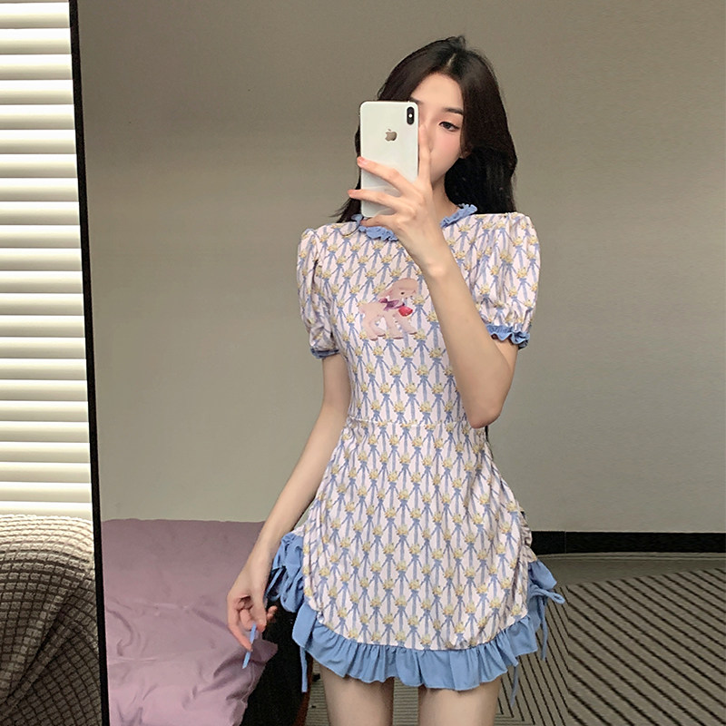 法式复古小羊印花保守少女泳装