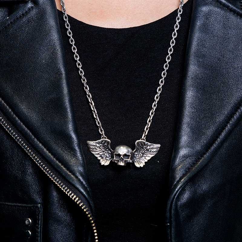 原创骷髅吊坠天使翅膀项链小众