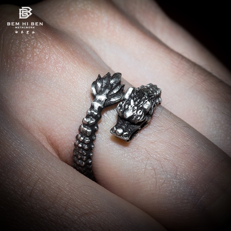 原创纯银霸王龙戒指复古生肖开口
