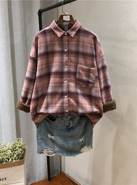 厚实加绒外套文艺清新加厚衬衣秋冬长袖口袋格子衬衫女91651上衣