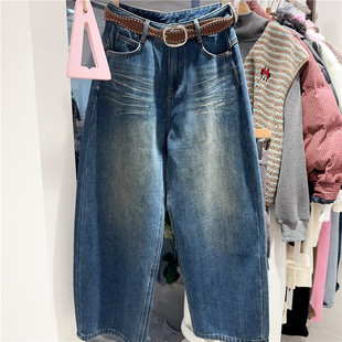 水洗做旧加绒弯刀牛仔长裤 新款 女1025 2025秋冬季 欧洲站实体同款