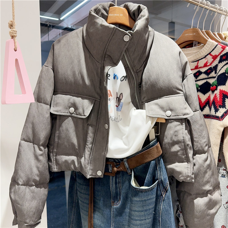 欧洲站实体同款2025冬季新款拉链立领双口袋白鹅绒羽绒服女8770