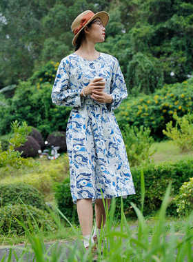 掂量女装 夏季蓝色印花长袖连衣裙系带收腰裙文艺通勤Y1W02Q12143