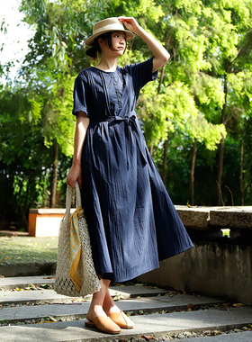 掂量女装 夏设计感压褶文艺风圆领连衣裙系带收腰长裙Y2W08Q12735