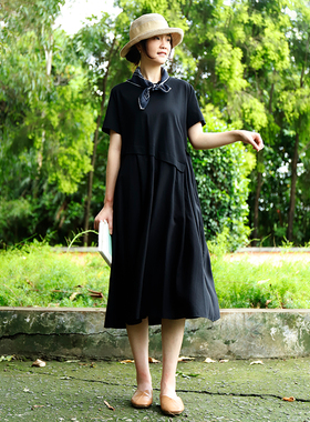 掂量 夏极简风高级感黑色短袖连衣裙女通勤文艺中长裙Y2W09Q12792
