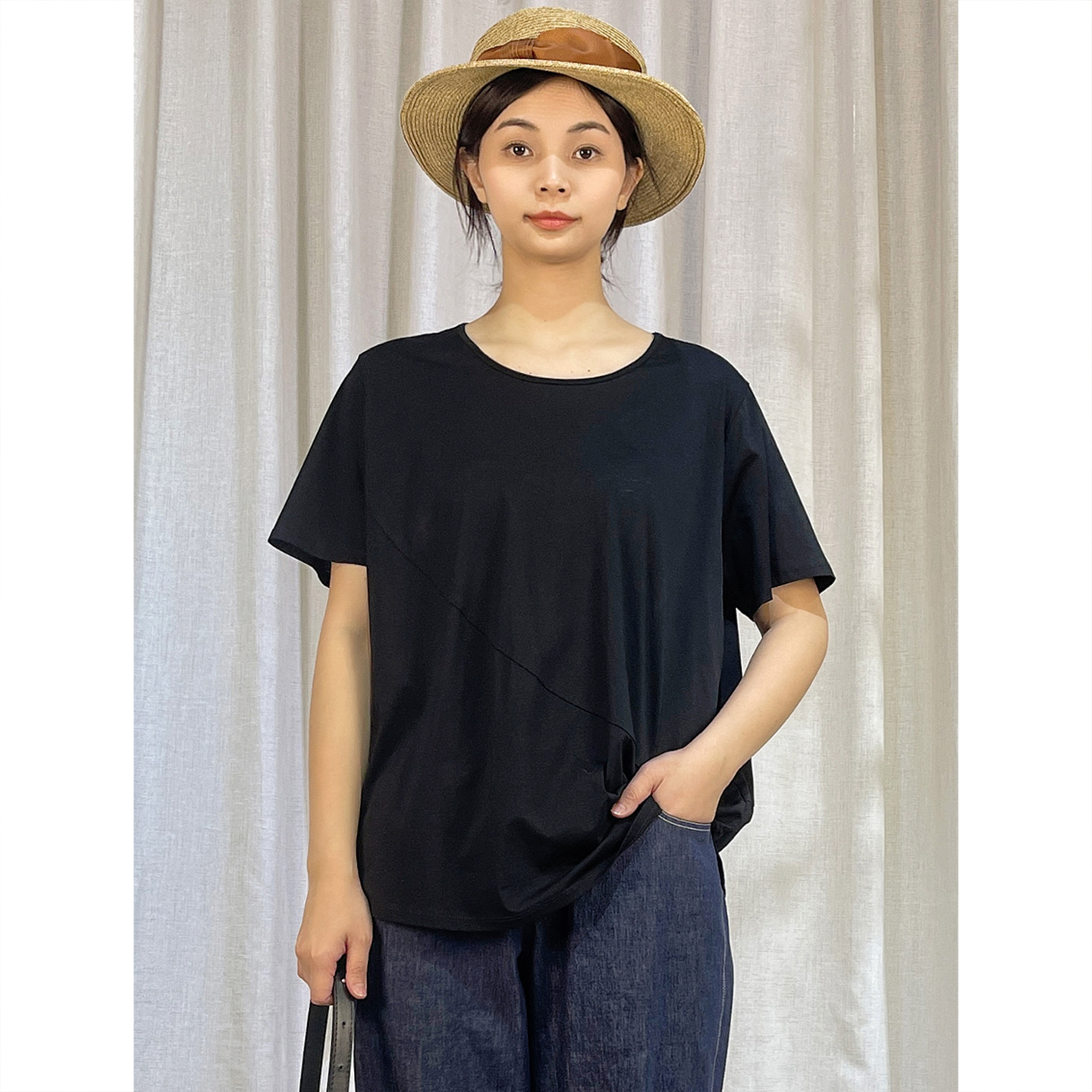 掂量女装 夏季新款黑色短袖T恤宽松休闲百搭圆领上衣Y2W09T12657