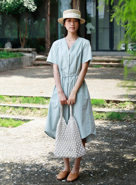 掂量女装 夏季短袖V领连衣裙女气质感系带A字裙通勤风H2W14Q10578