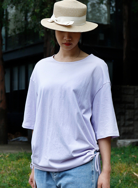 掂量拾卡女装 夏季紫色棉质T恤圆领宽松短袖上衣女文艺C2W01T8900