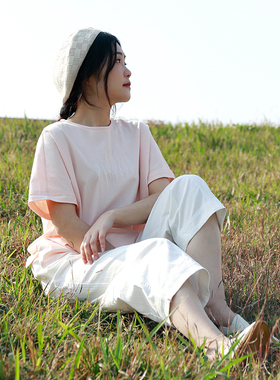 掂量女装夏季新款文艺刺绣短袖T恤女宽松休闲百搭上衣Y2W03T12642