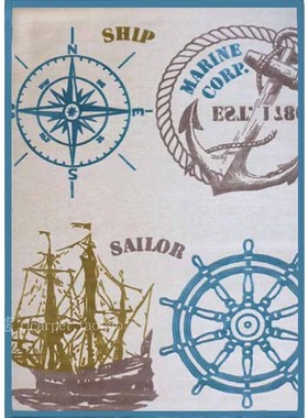 蓝色海洋海盗船图案男孩房间地毯样板间地中海儿童房手工晴纶地毯