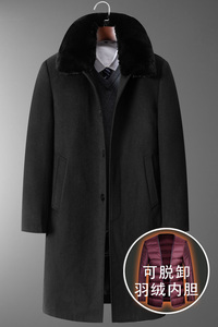 98015/可脱内胆羽绒羊毛呢大衣长款休闲商务中老年爸爸大衣图片