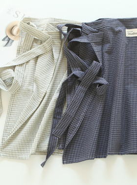 5506复古格纹围裙套装纯棉厨房男女通用绑带式工作服半身围腰罩袖