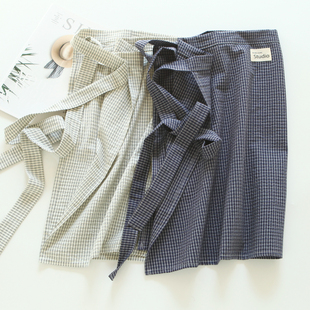 工作服半身围腰罩袖 5506复古格纹围裙套装 纯棉厨房男女通用绑带式