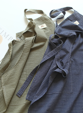 5506文艺复古风纯棉条纹格子围裙套装日系百搭厨房围腰男女通用