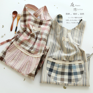 5414日系麻棉格子厨房做饭背带围裙奶茶花店工作服罩衣围腰女士