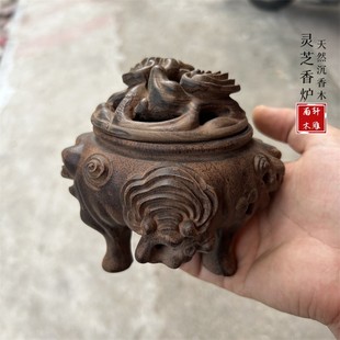 飾三足鼎立工藝品 越南沉香木雕靈芝檀香熏香爐擺件實木雕刻家居裝