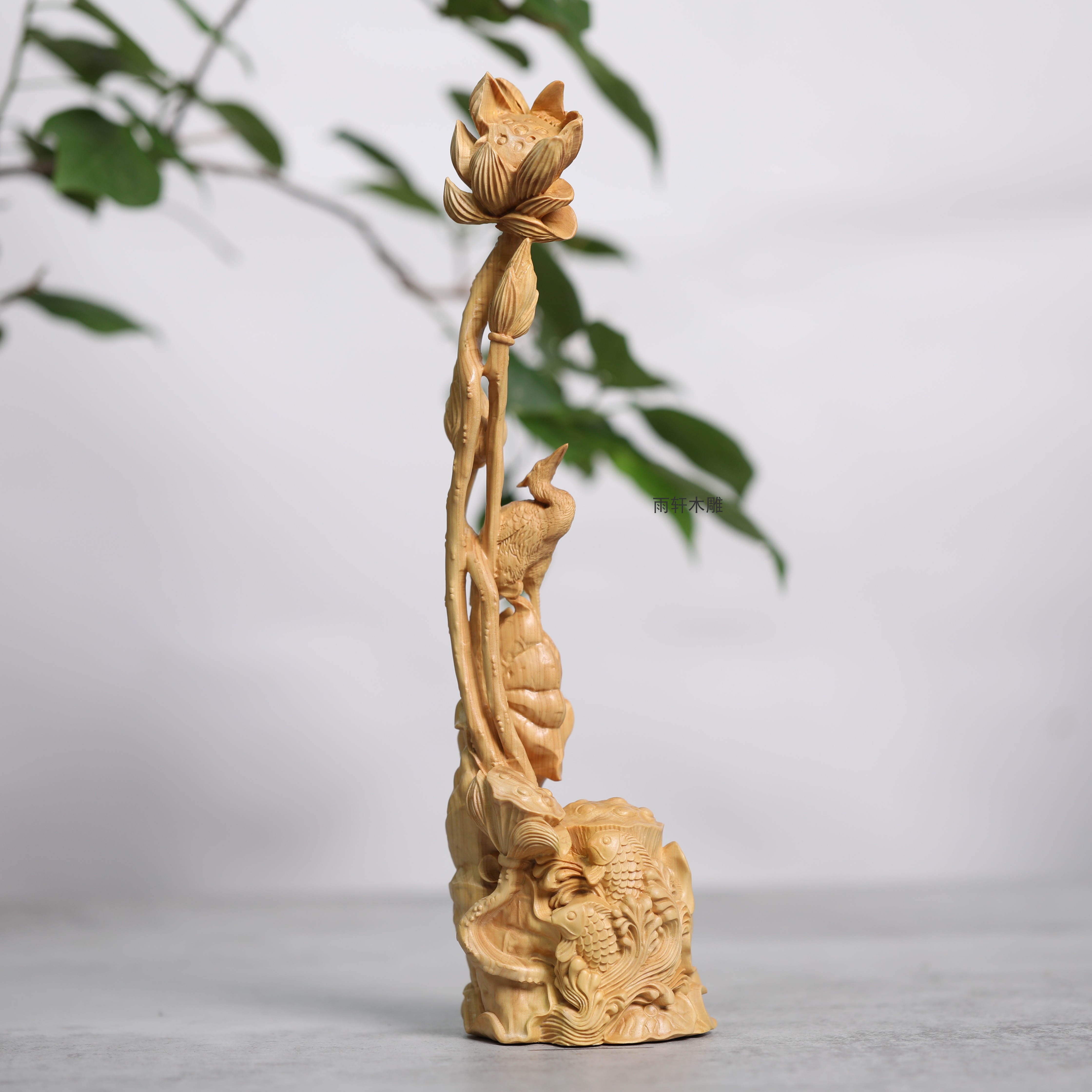 正宗小叶黄杨木仙鹤莲蓬木雕