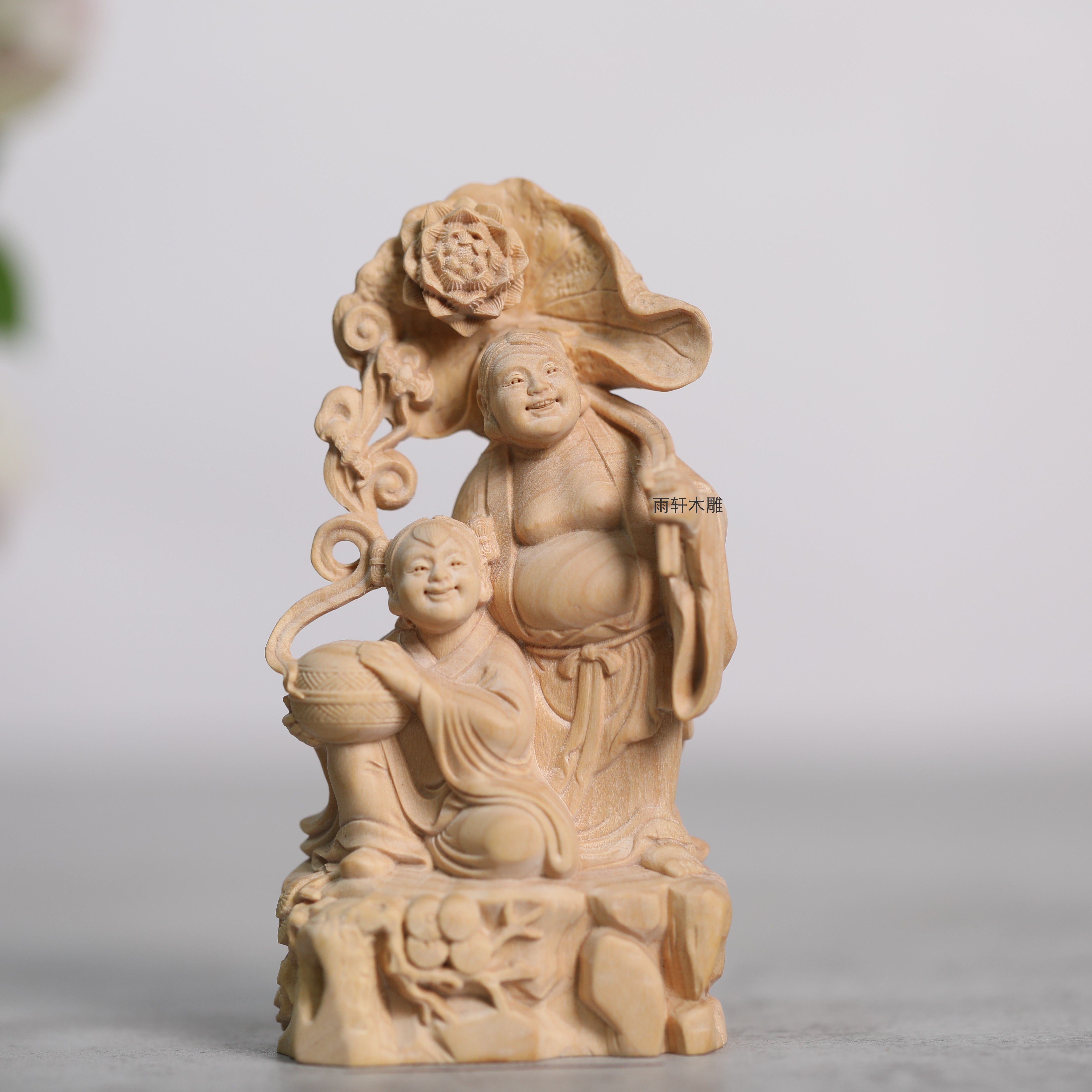 正宗小叶黄杨木雕和合二圣摆件