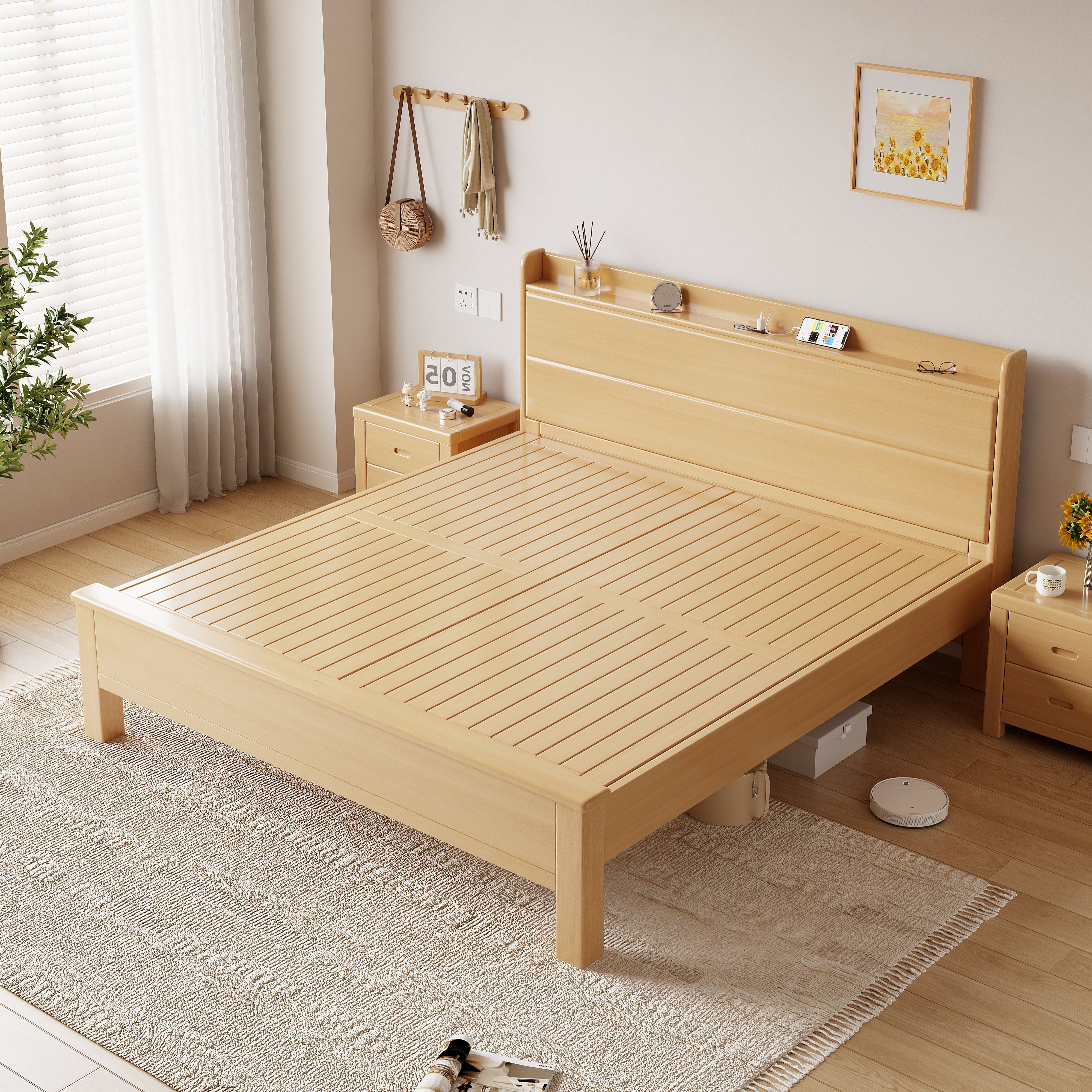 北欧榉木全实木床1.8米工厂直销双人床现代简约1.5m充电主卧大床