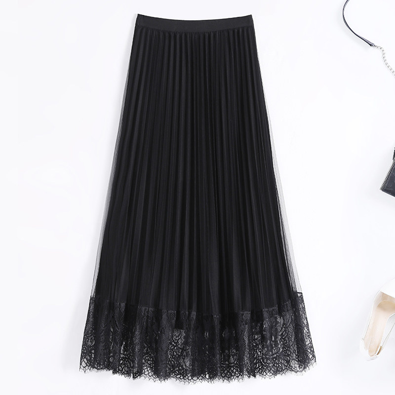 特价春秋薄款时尚百搭女士网纱a字半身裙百褶裙两面穿中长款裙子
