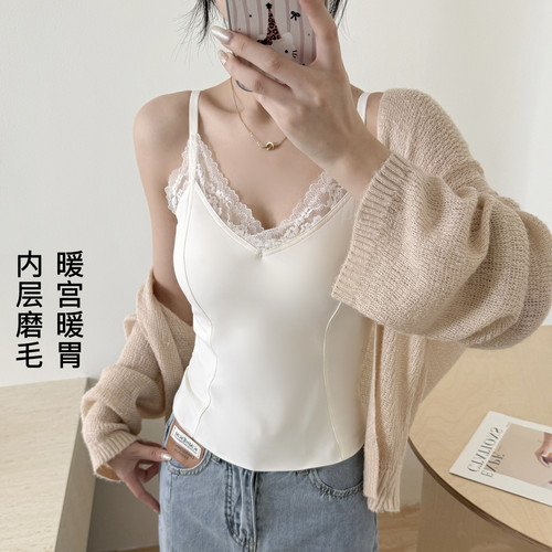 韩系蕾丝磨毛吊带保暖背心带胸垫