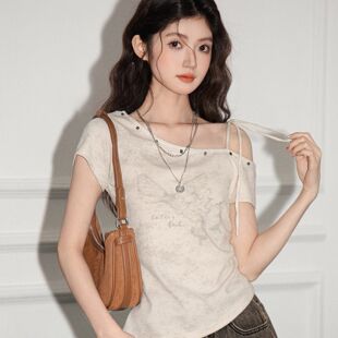 甜美风蝴蝶印花抽绳设计感短袖 斜肩显身材百搭上衣 t恤女夏季 新款