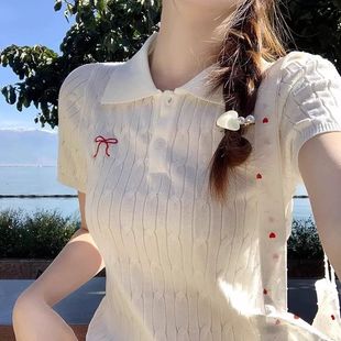 小上衣 韩系甜美蝴蝶结麻花POLO领短袖 T恤女春季 新款 内搭辣妹修身