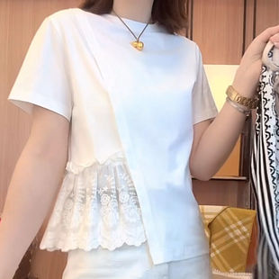 显瘦百搭上衣 纯棉圆领蕾丝拼接不规则短袖 T恤女2025夏季 新款 修身
