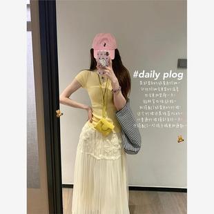 甜美简约黄色上衣米白色长裙两件套女夏季 新款 立体花朵小设计套装