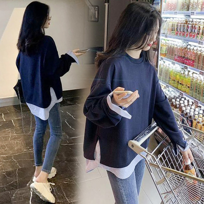 출산 가을 정장 인터넷 연예인 패션 가을 겨울 긴팔 한국 스타일 느슨한 스웨터 여성용 가짜 투피스 중간 길이 탑