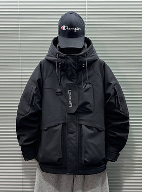 男生羽绒服26新款夹克工装保暖外套青年时尚棉服白鸭绒上衣连帽潮