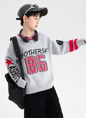 男大童V领毛衣灰色2025秋冬学院运动风针织衫儿童男孩打底衫上衣9