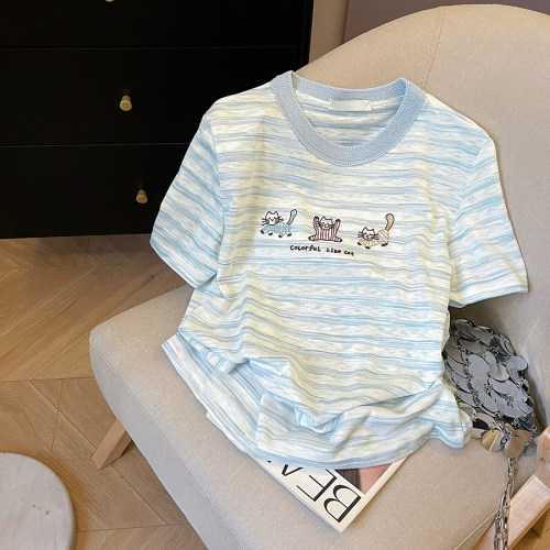 小C家撞色条纹小个子短袖T恤女2026夏季卡通刺绣正肩修身显瘦上衣